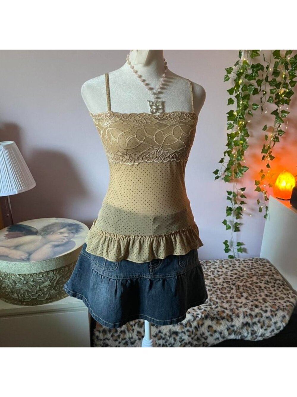 Tan polka dot semi sheer tank top with lacy details